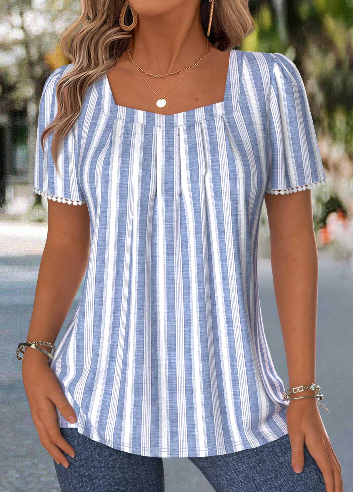 Modlily Blue Striped Pleated Short Sleeve Square Neck T Shirt - S