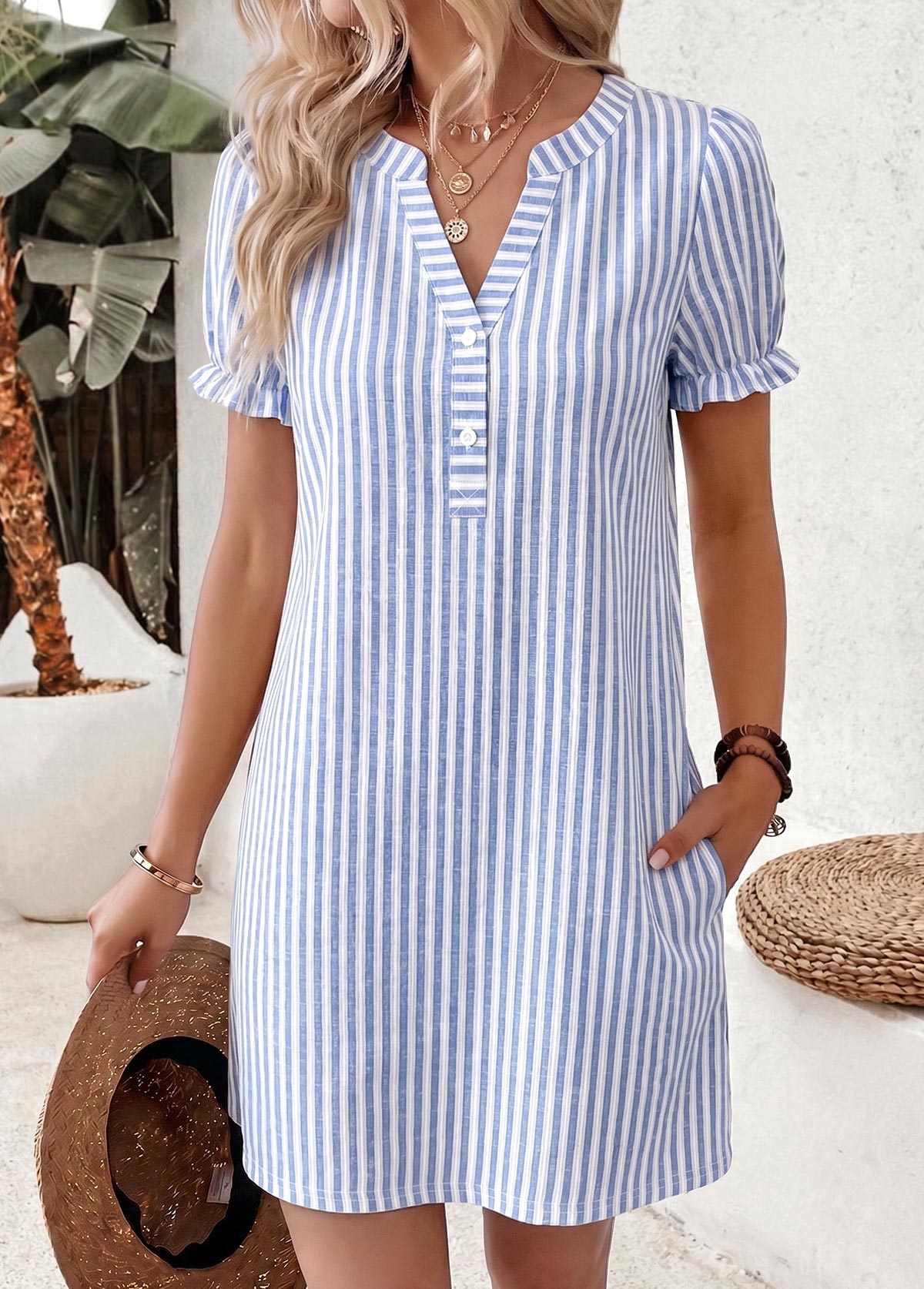 Modlily Blue Striped Short Double Side Pockets Split Neck Dress - S