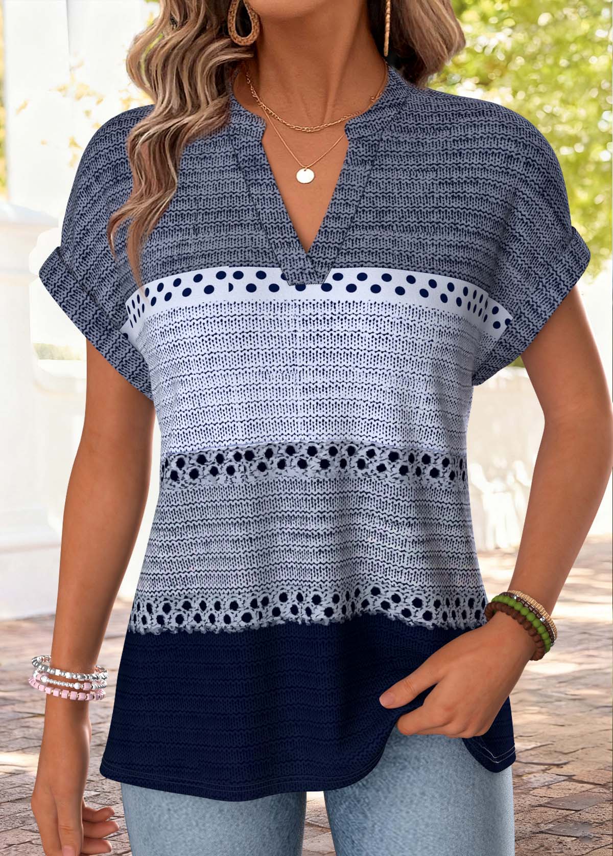 Modlily Blue Striped Short Sleeve Split Neck T Shirt - M