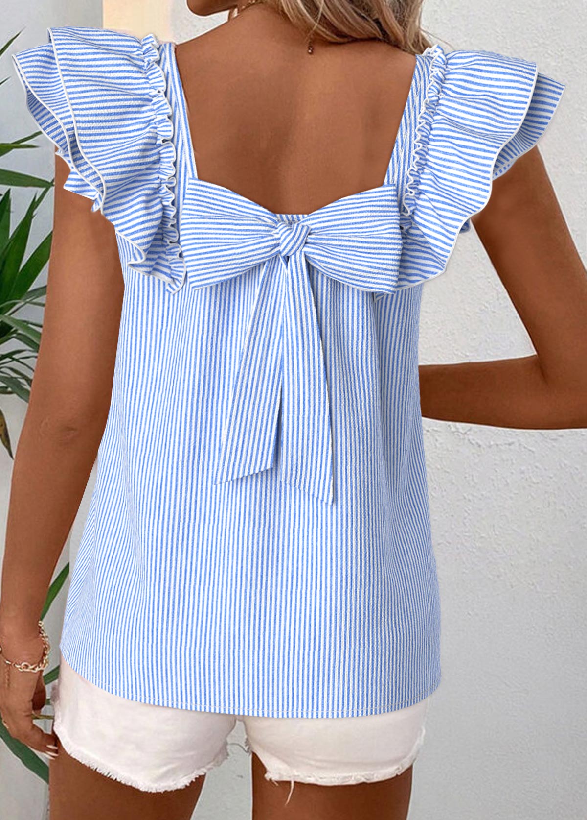 Modlily Blue Striped Short Sleeve Square Neck T Shirt - M