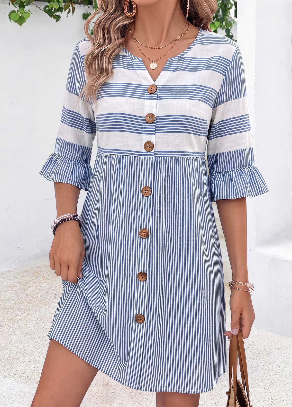 Modlily Blue Striped Short Tummy Coverage Half Sleeve Dress - S