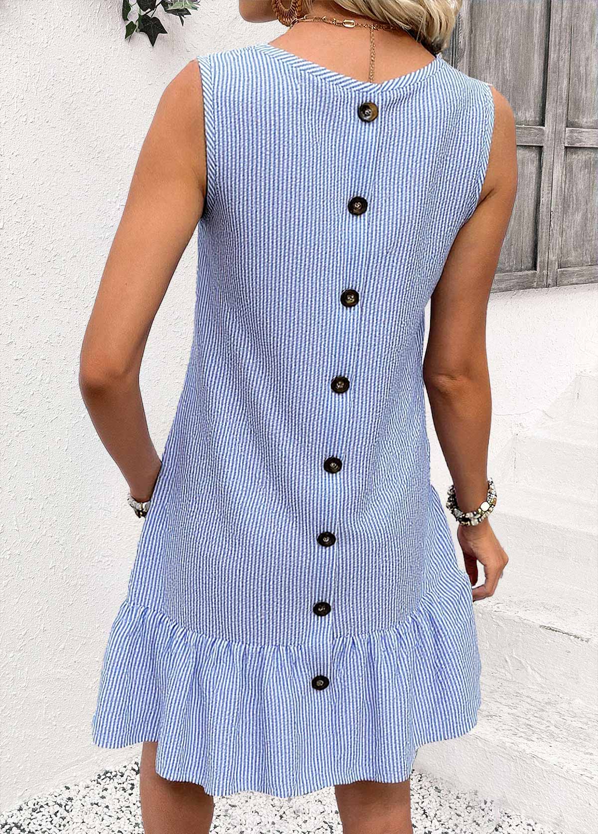 Modlily Blue Striped Sleeveless V Neck Dress - S
