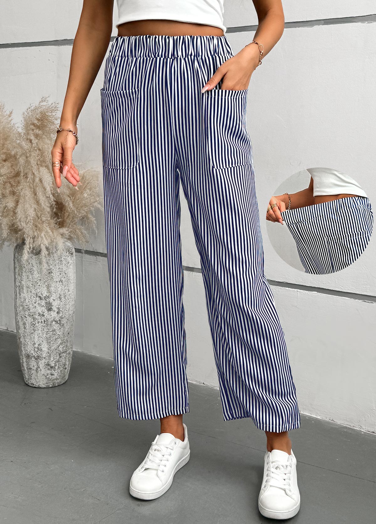 Modlily Blue Striped Straight Leg Elastic Waist Mid Waisted Pants - M