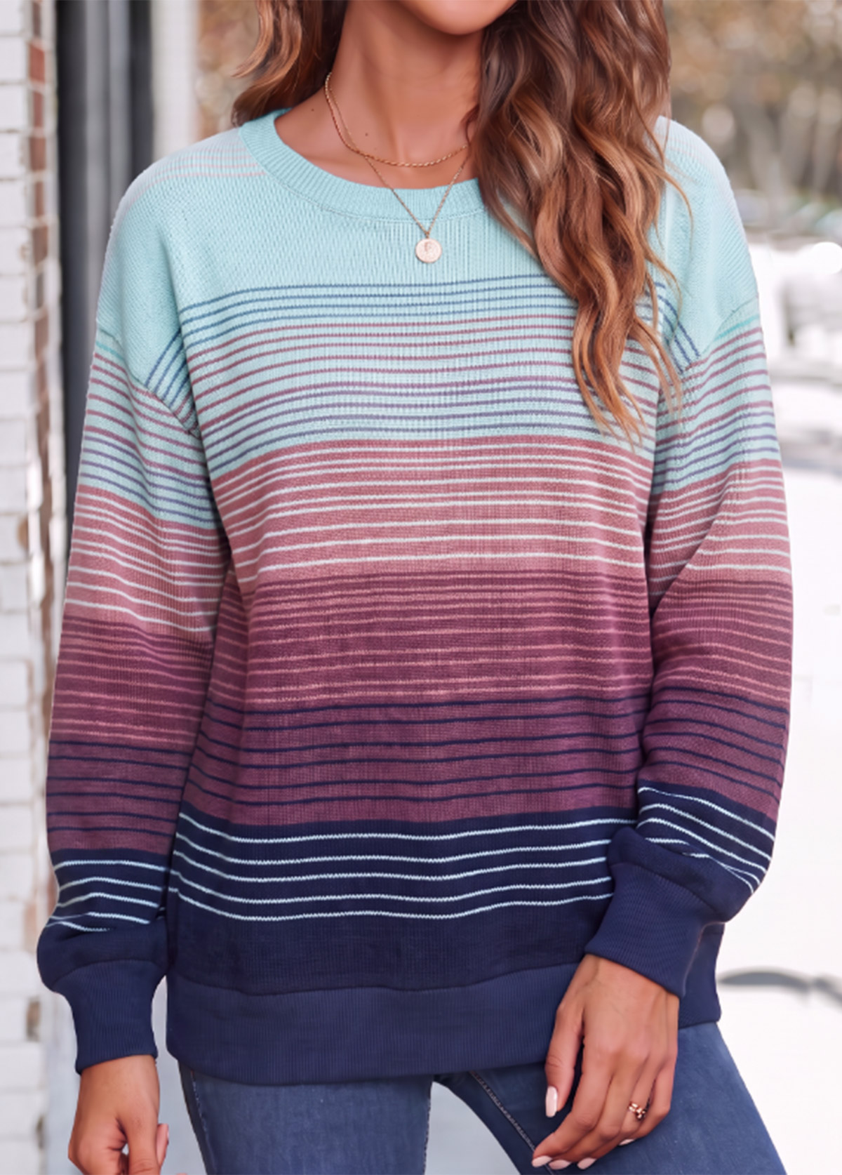 Modlily Blue Striped Tummy Coverage Long Sleeve Round Neck Sweatshirt - M