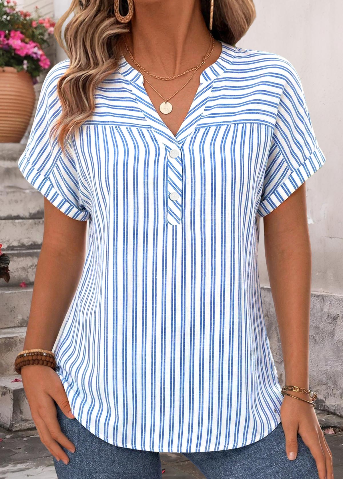 Modlily Blue Striped Tummy Coverage Short Sleeve Split Neck Blouse - M