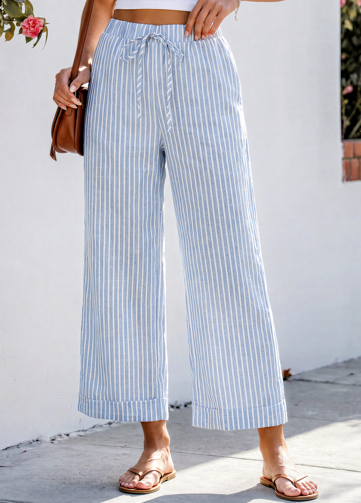 Modlily Blue Striped Wide Leg Elastic Waist High Waisted Pants - M