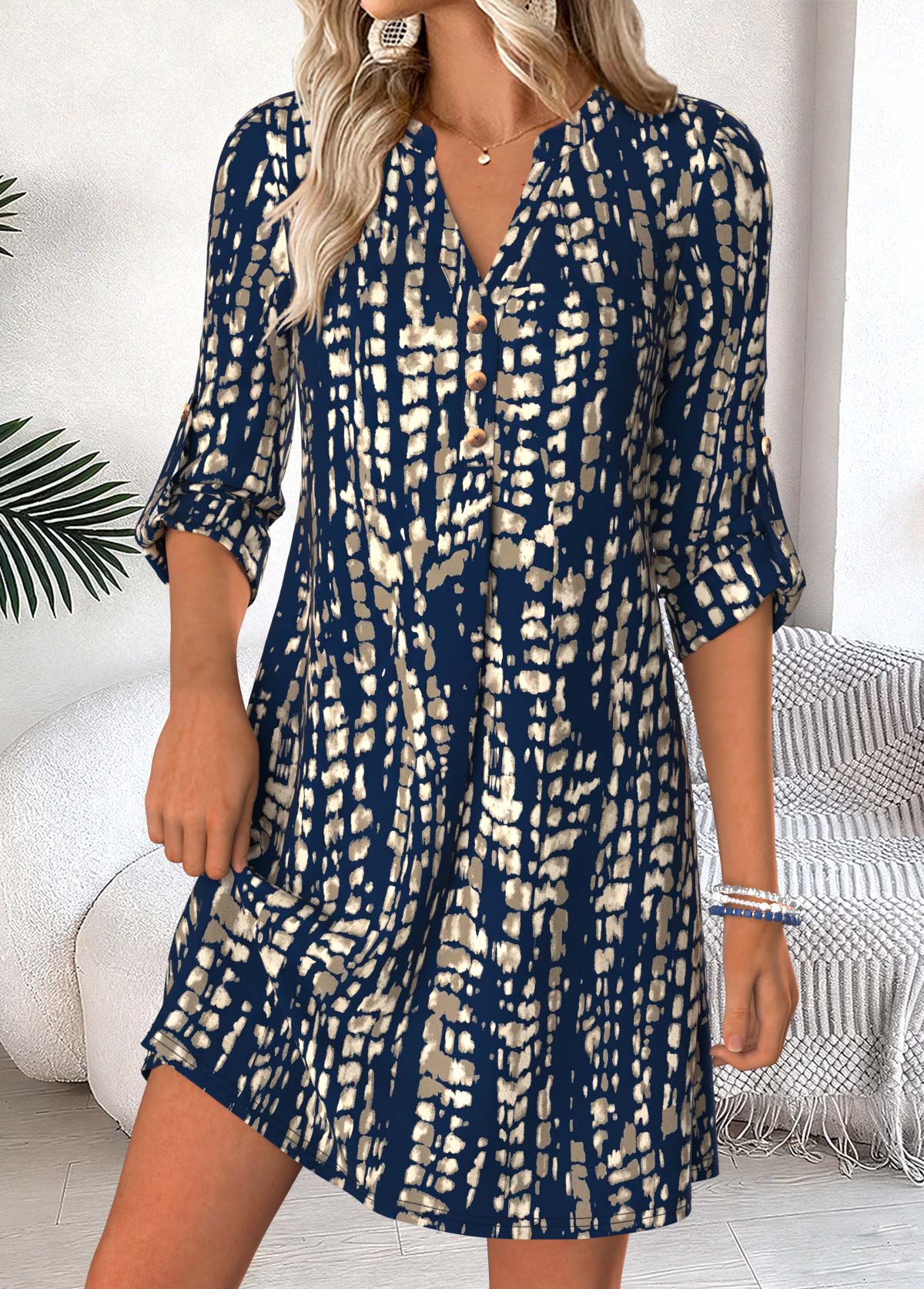Modlily Blue Tie Dye Print Short Tummy Coverage Dress - S