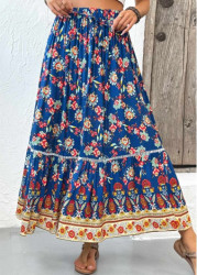 Modlily Blue Tribal Print A Line Elastic Waist Maxi Skirt - XL