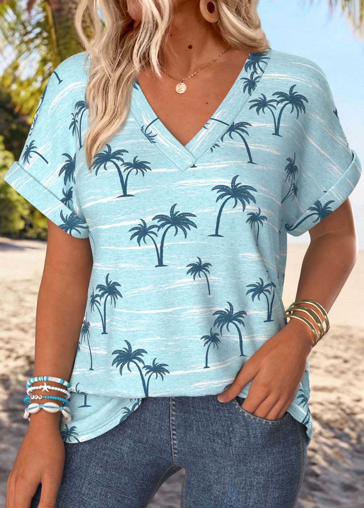 Modlily Blue Tropical Plants Print Short Sleeve T Shirt - S