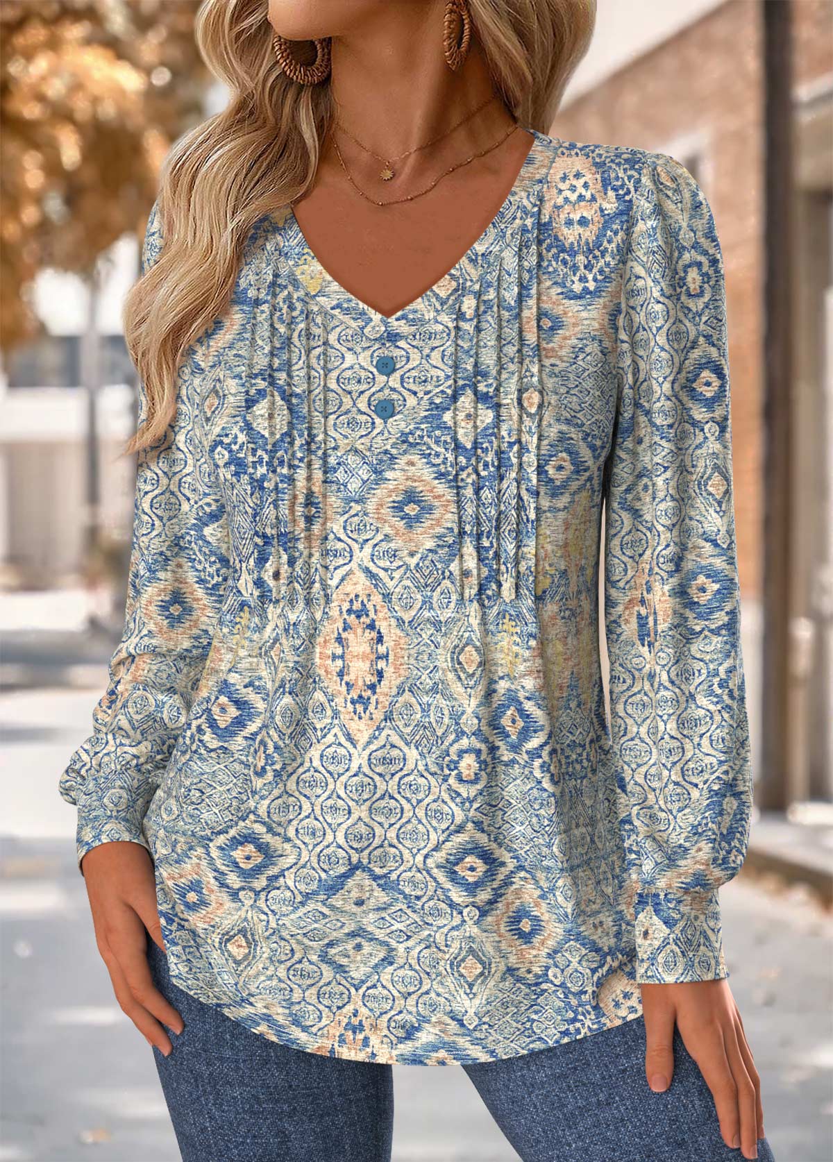Modlily Blue Tuck Stitch Tribal Print Long Sleeve T Shirt - S
