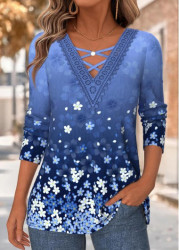 Modlily Blue Tummy Coverage Floral Print Long Sleeve T Shirt - M