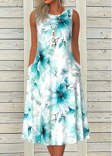 Modlily Blue Tummy Coverage Floral Print Sleeveless Round Neck Dress - S