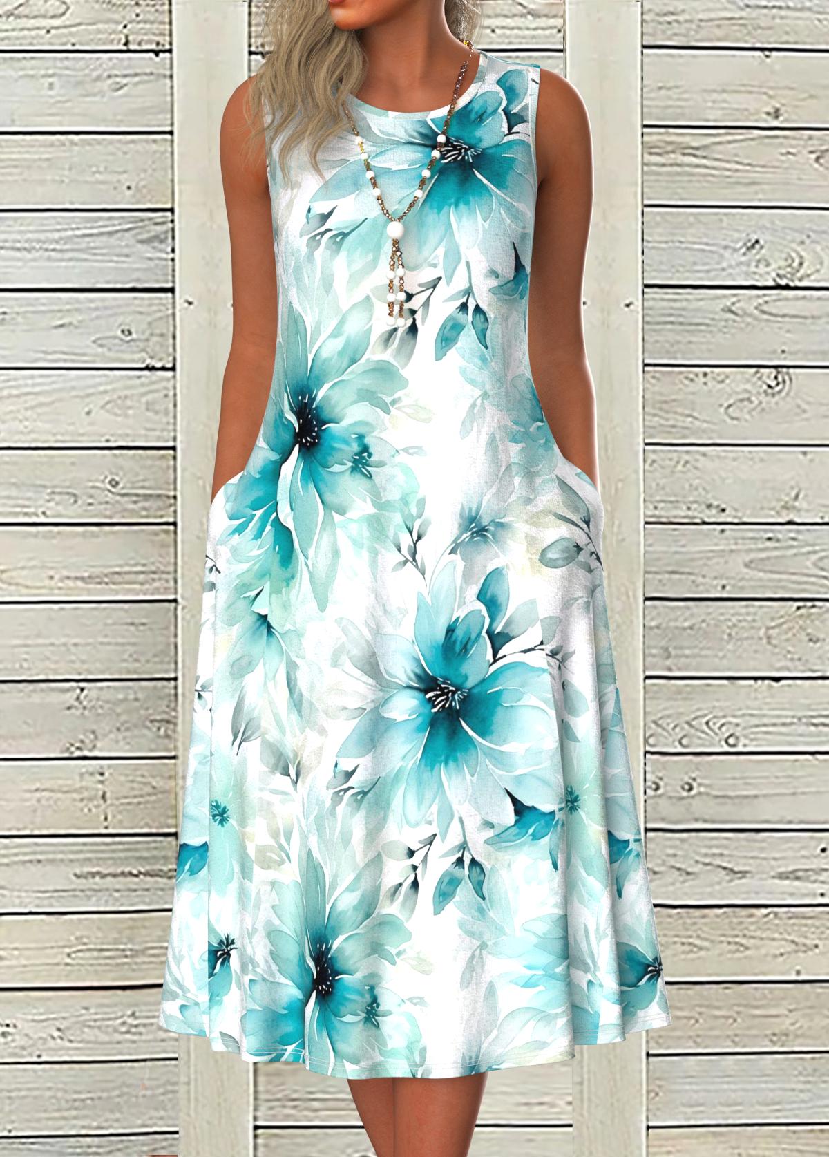 Modlily Blue Tummy Coverage Floral Print Sleeveless Round Neck Dress - M