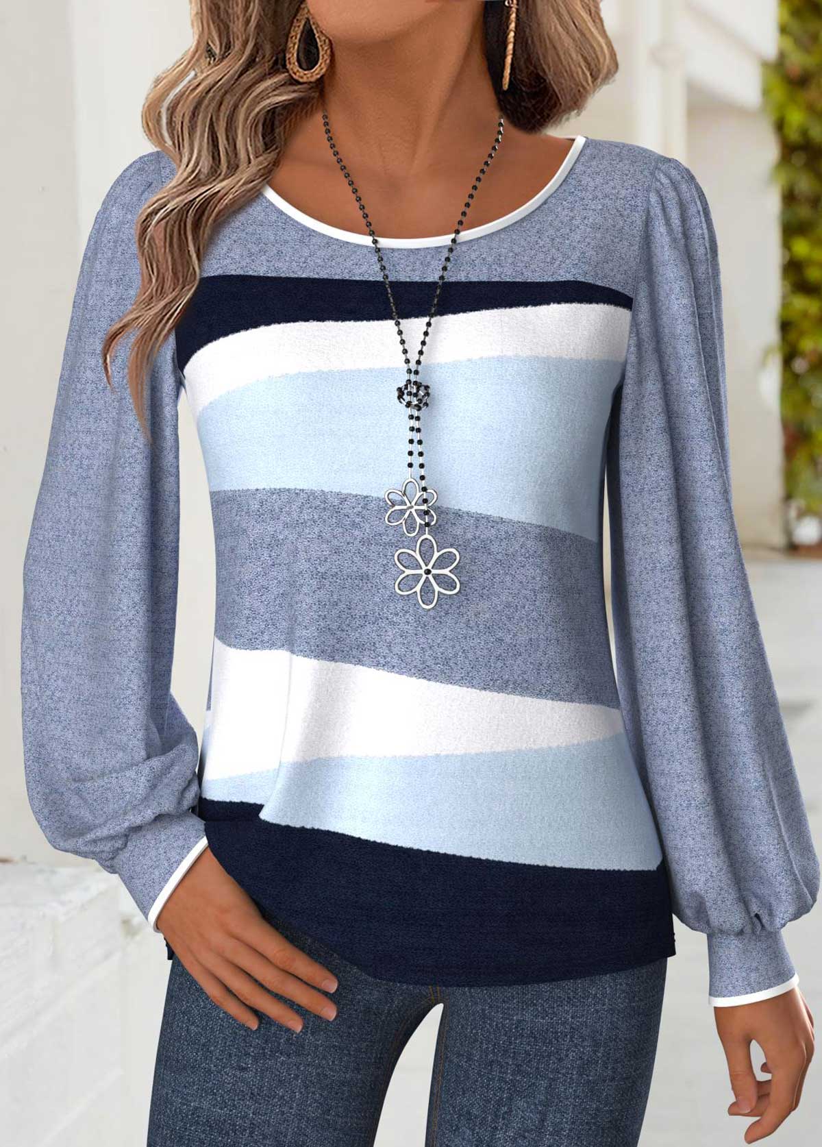 Modlily Blue Tummy Coverage Geometric Print Long Sleeve T Shirt - XL