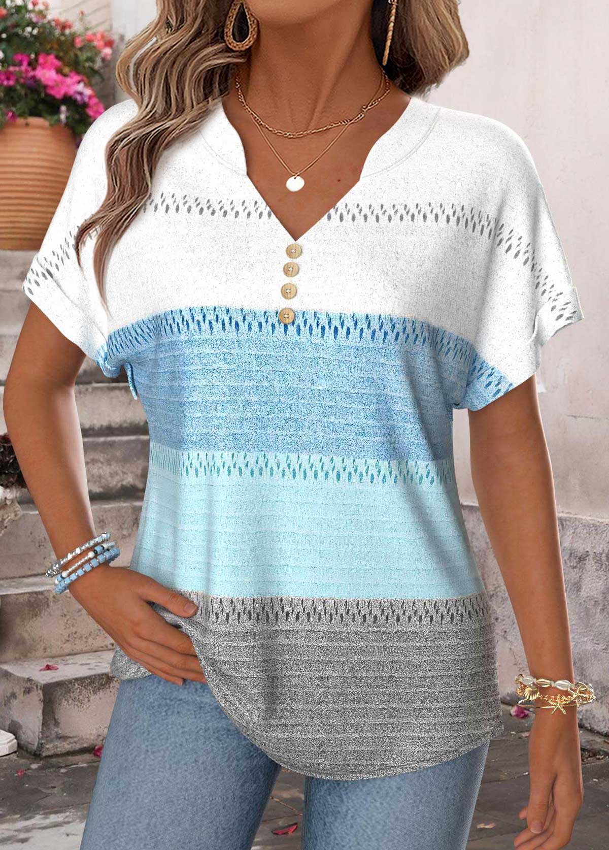 Modlily Blue Tummy Coverage Geometric Print T Shirt - S