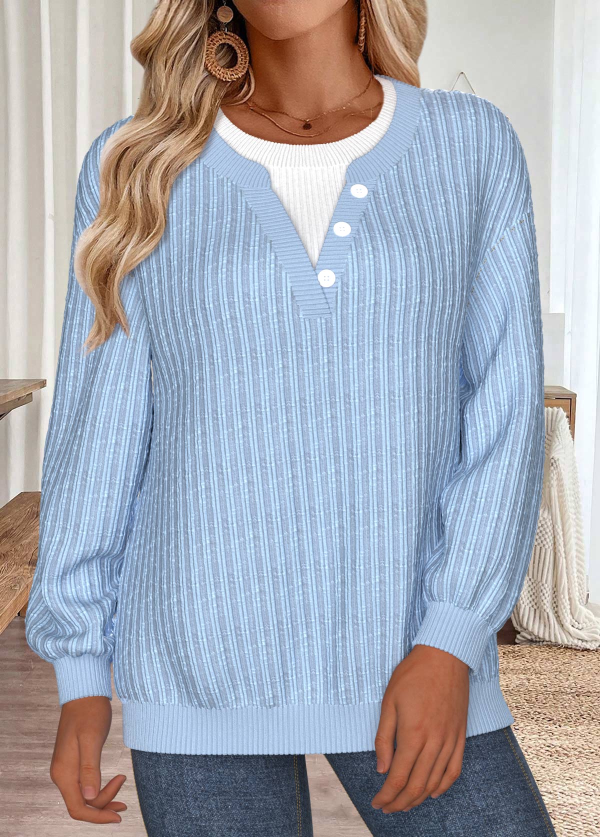 Modlily Blue Tummy Coverage Long Sleeve Round Neck Sweatshirt - M