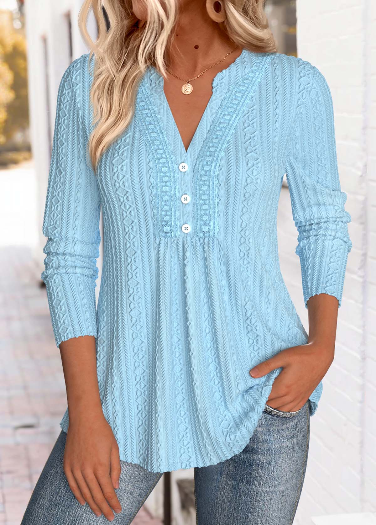Modlily Blue Tummy Coverage Long Sleeve Split Neck Blouse - XL