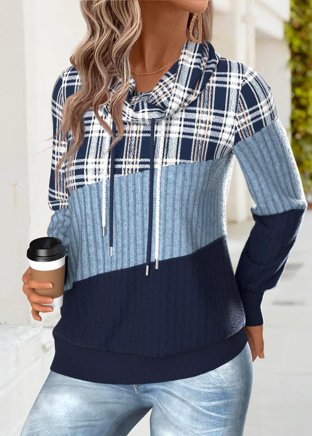 Modlily Blue Tummy Coverage Plaid Long Sleeve Cowl Neck Sweatshirt - M