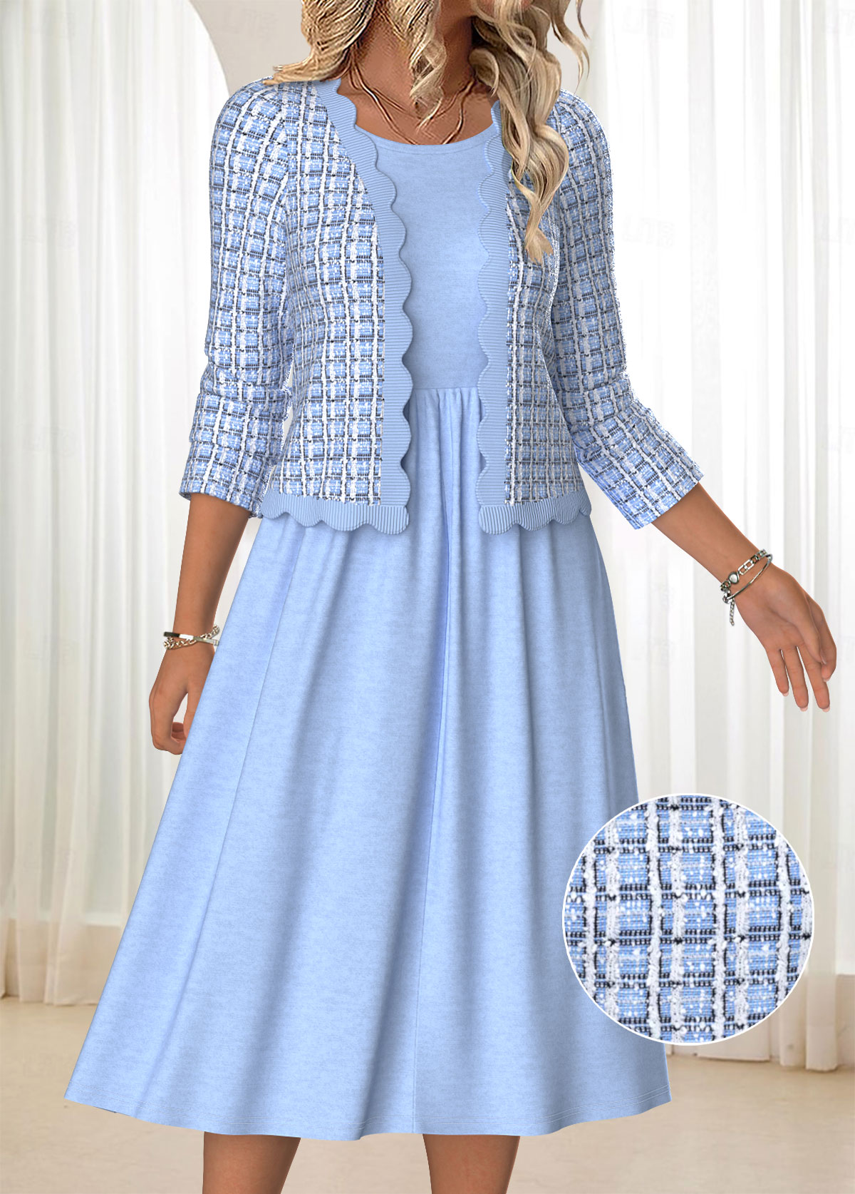 Modlily Blue Tummy Coverage Plaid Long Sleeve Dress and Cardigan - M
