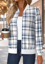 Modlily Blue Tummy Coverage Plaid Long Sleeve Stand Collar Jacket - XXL
