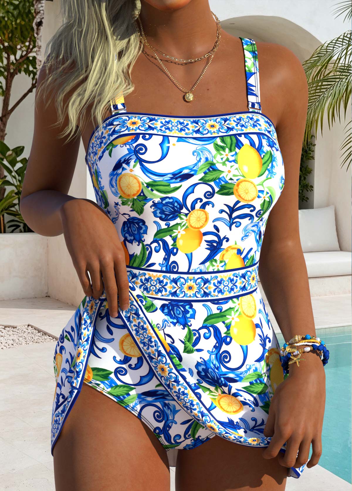 Modlily Blue Tummy Coverage Random Floral Print One Piece Swimdress - S