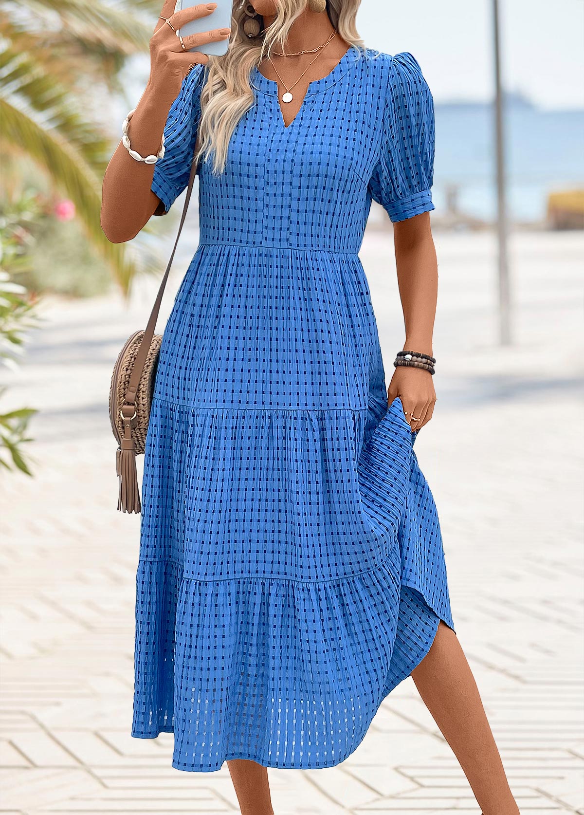 Modlily Blue Tummy Coverage Short Sleeve Split Neck Dress - S