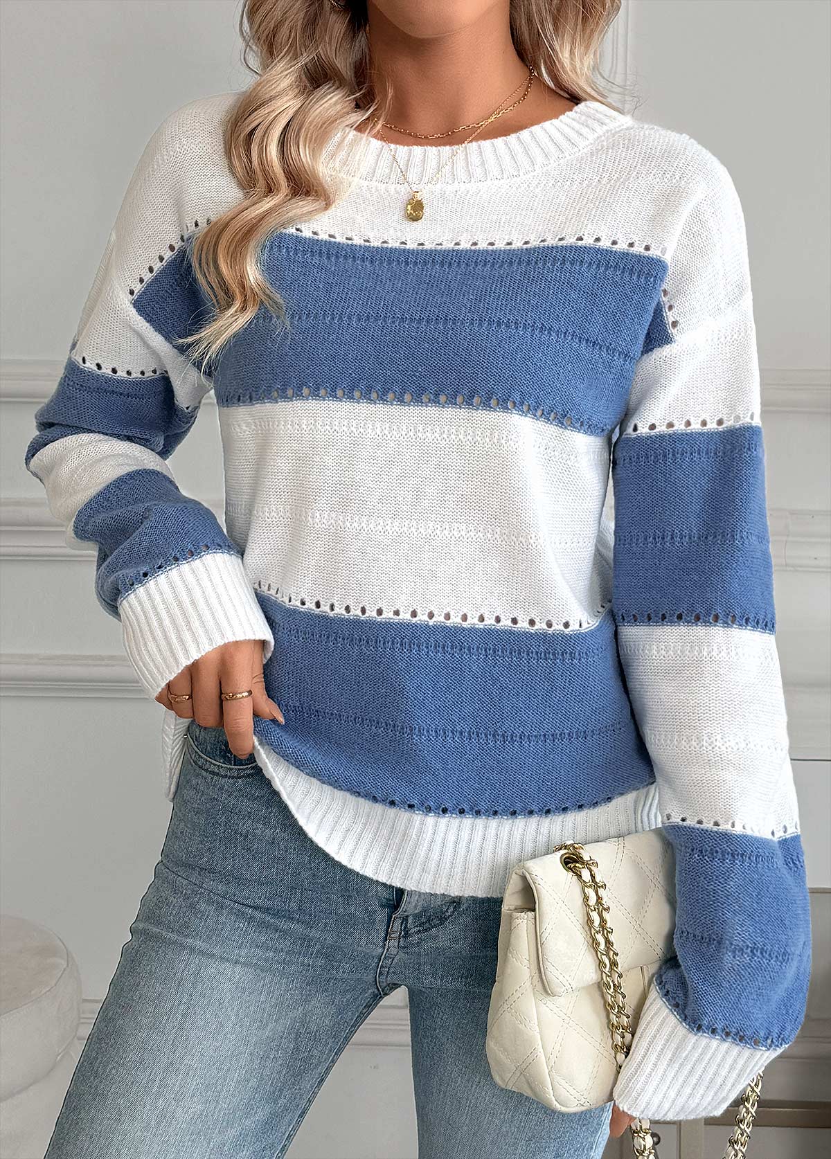 Modlily Blue Tummy Coverage Striped Long Sleeve Round Neck Sweater - S