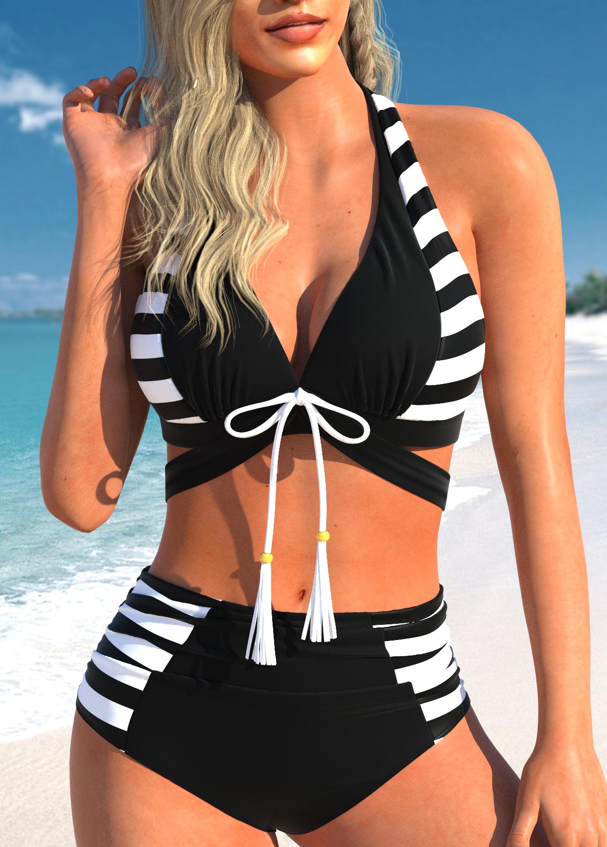 Modlily Bowknot Cutout Striped Black Bikini Set - XL