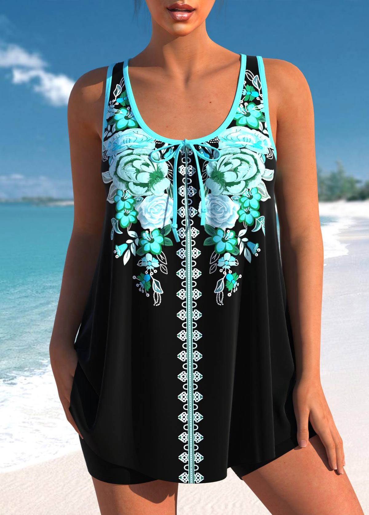 Modlily Bowknot Floral Print Cyan Tankini Top - S
