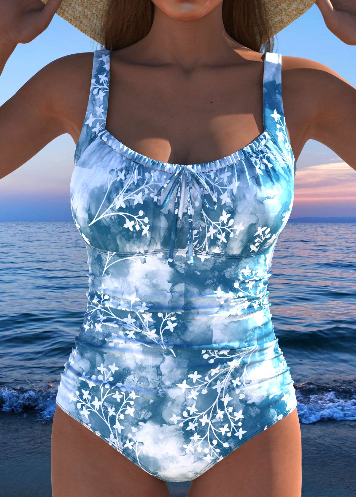 Modlily Bowknot Floral Print Dusty Blue One Piece Swimwear - S
