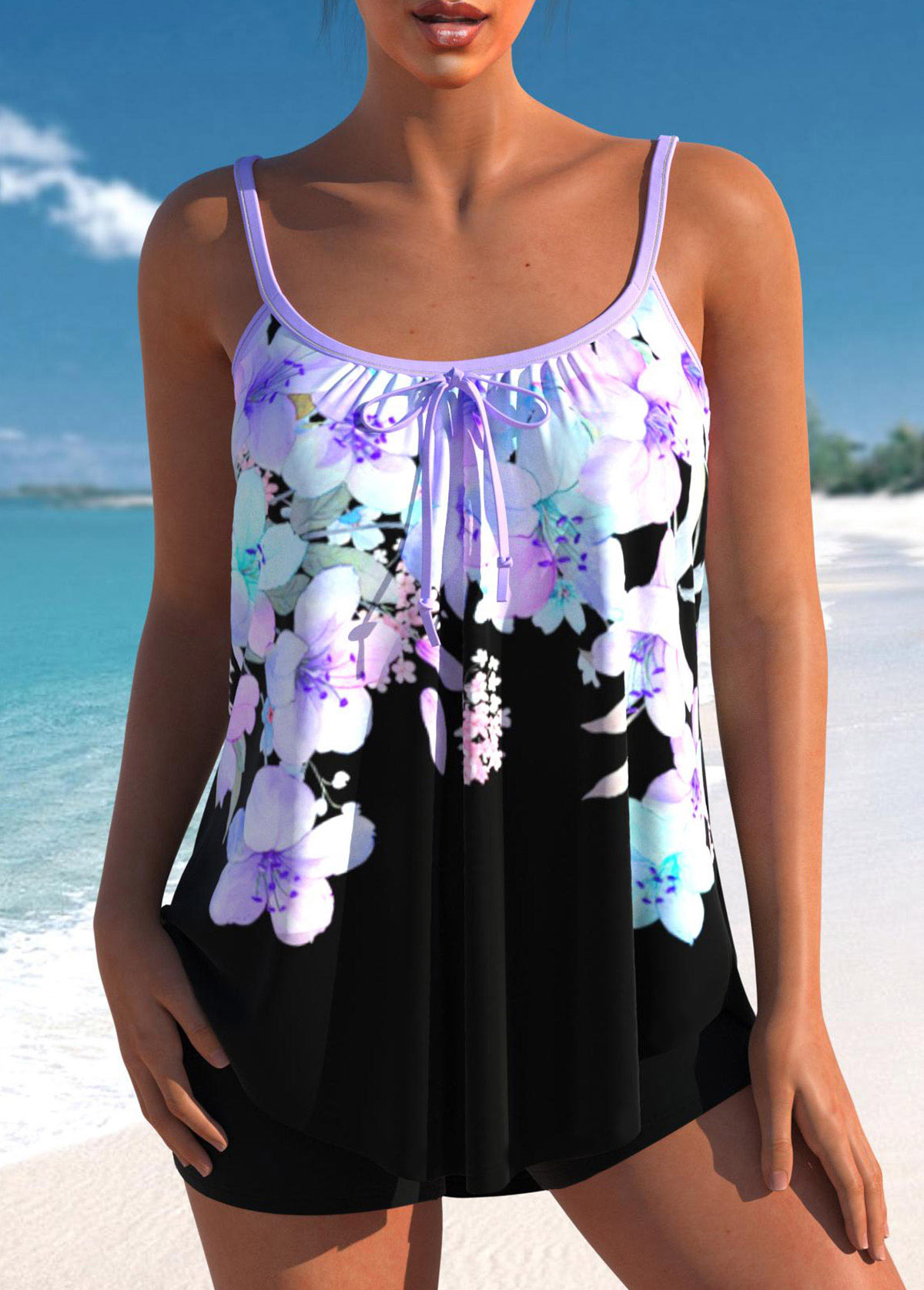 Modlily Bowknot Floral Print Light Purple Tankini Top - S