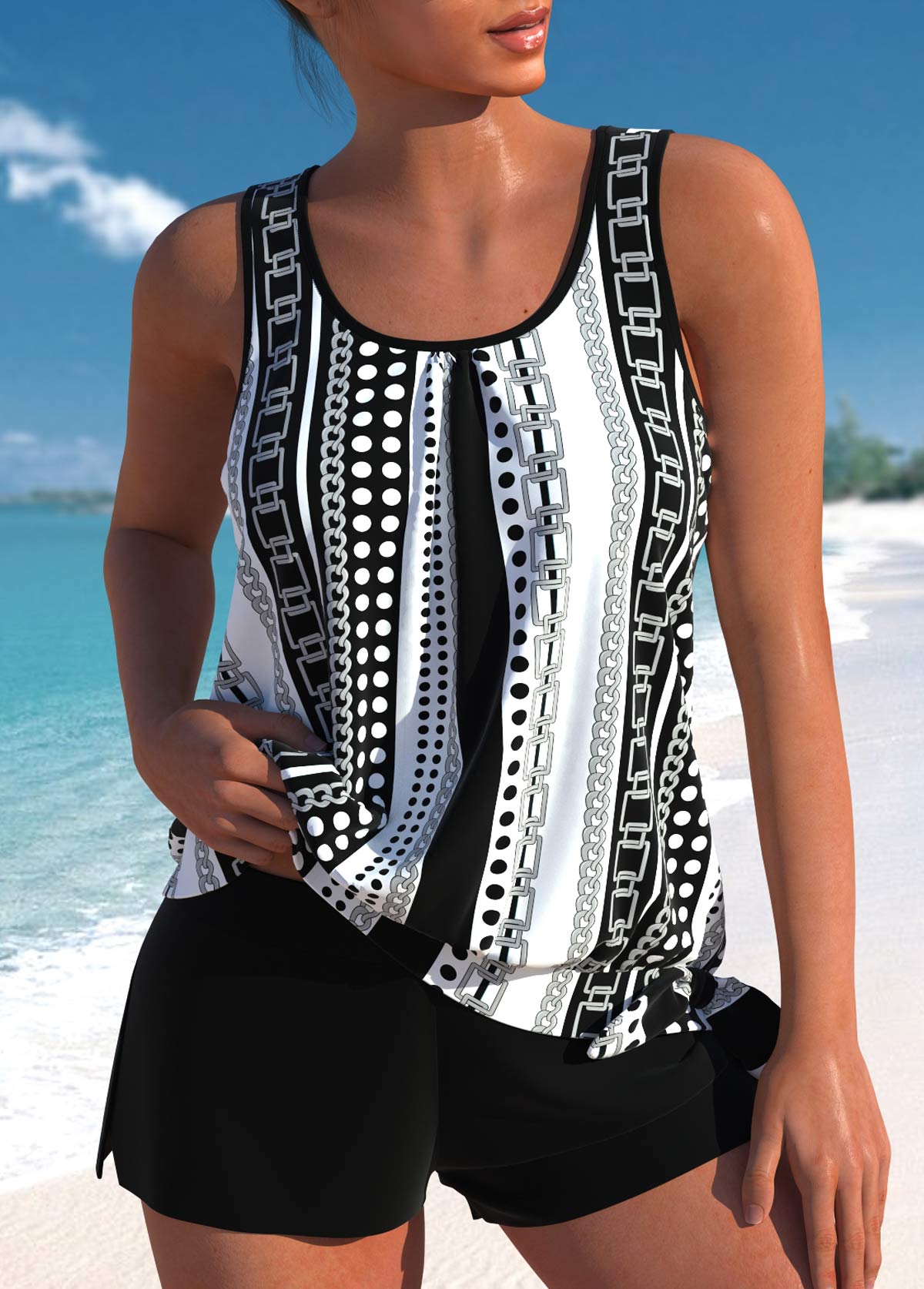 Modlily Bowknot Geometric Print Black Tankini Set - S
