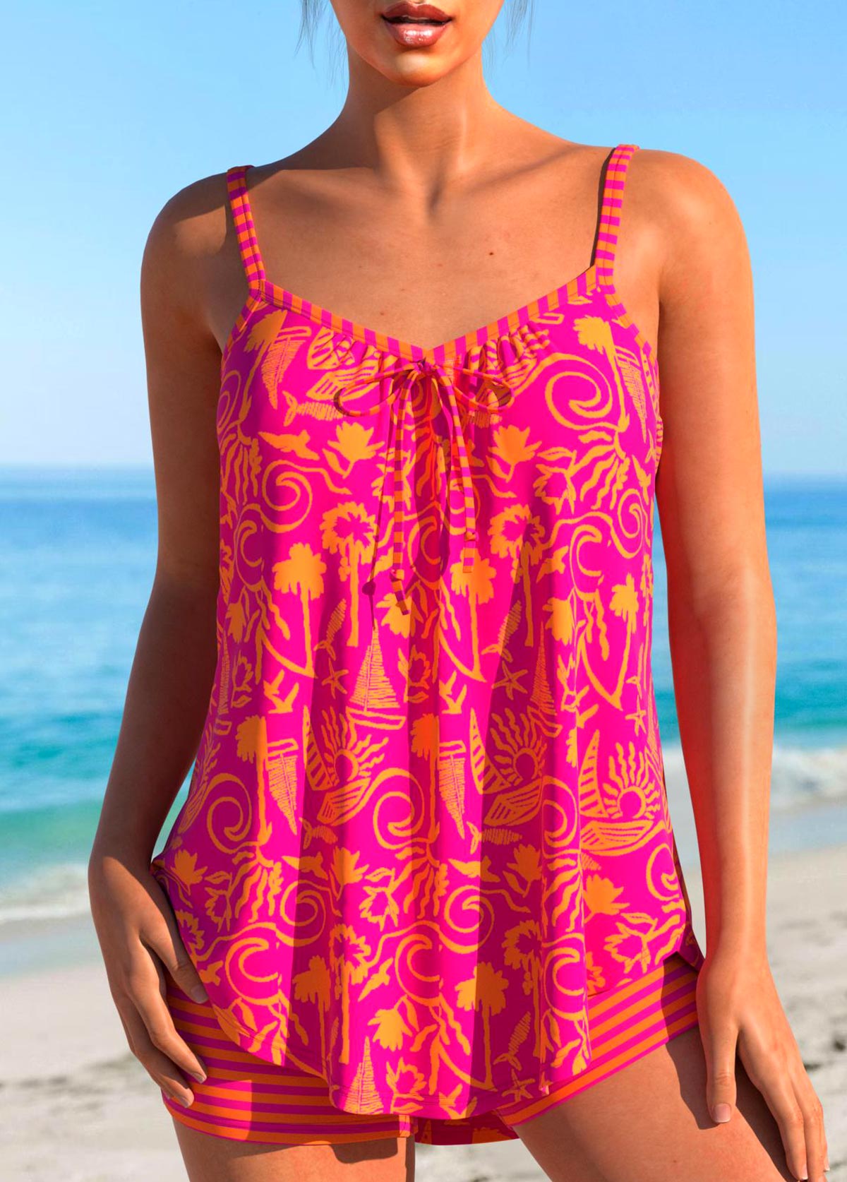 Modlily Bowknot Graffiti Print Hot Pink Tankini Set - L