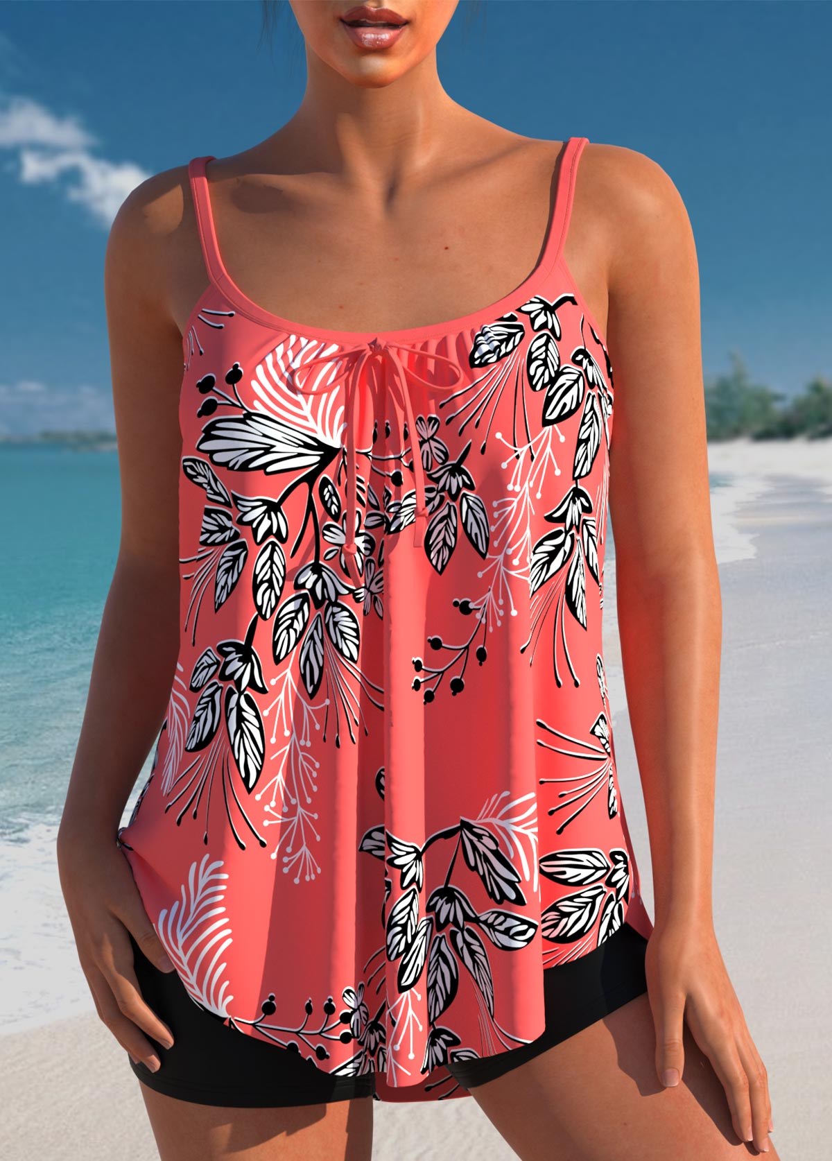 Modlily Bowknot Leaf Print Coral Red Tankini Top - S