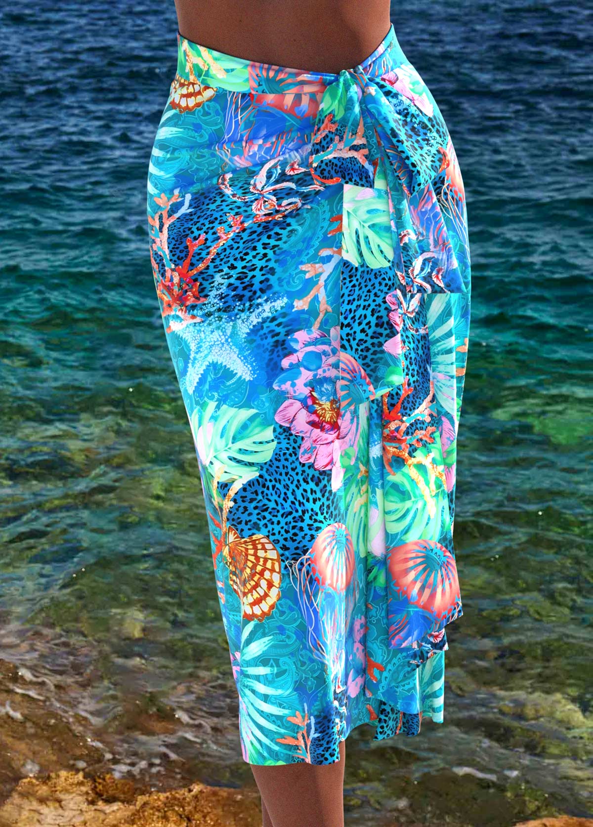 Modlily Bowknot Marine Life Print Cyan Cover Up - L