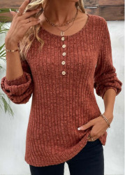 Modlily Brick Red Button Long Sleeve Round Neck T Shirt - L