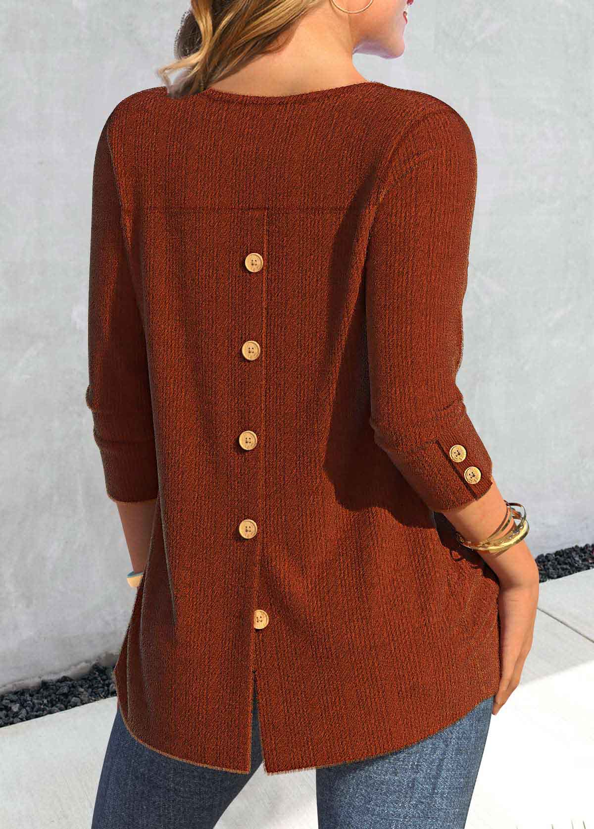 Modlily Brick Red Button Long Sleeve Round Neck T Shirt - M