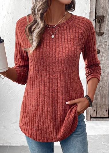 Modlily Brick Red Curved Hem Long Sleeve T Shirt - S