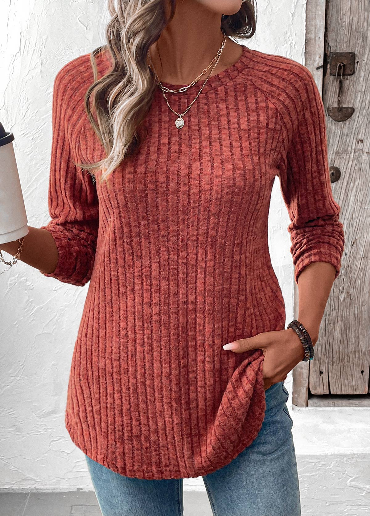 Modlily Brick Red Curved Hem Long Sleeve T Shirt - L