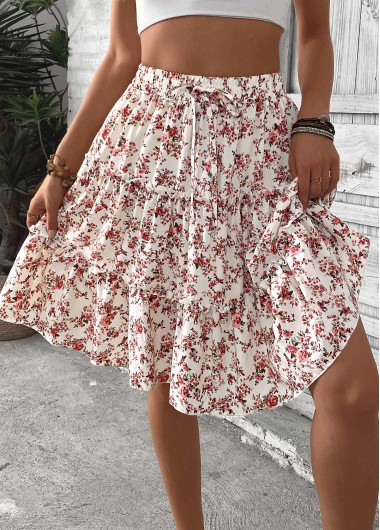 Modlily Brick Red Ditsy Floral Print A Line Skirt - M