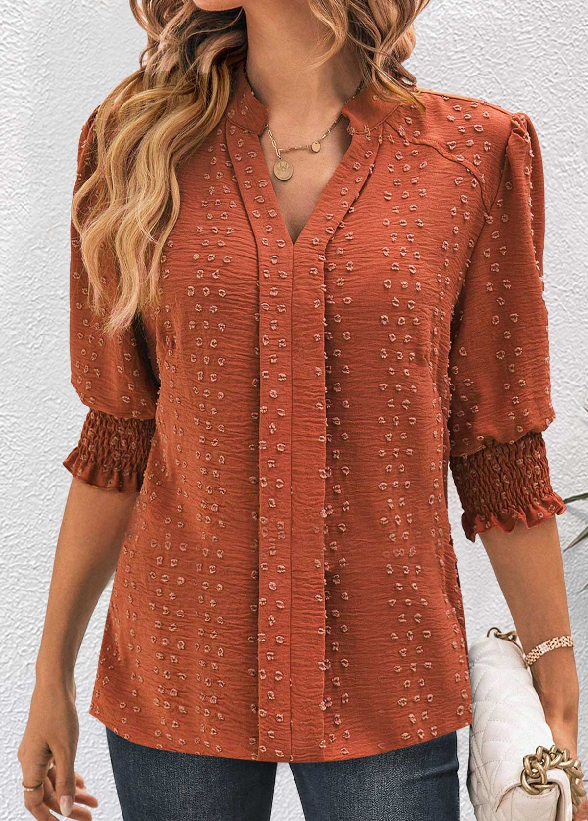 Modlily Brick Red Jacquard Half Sleeve Split Neck Blouse - XL