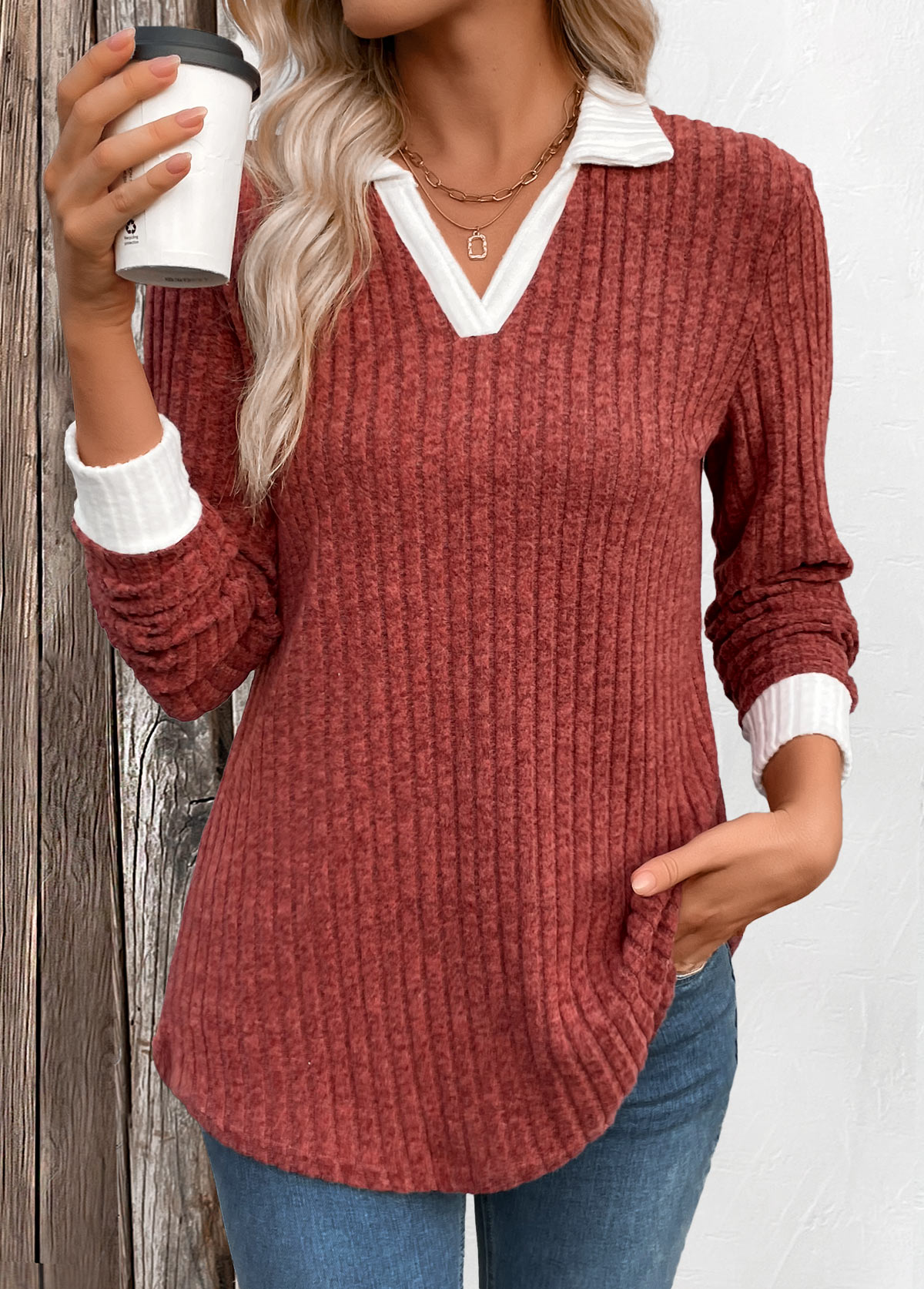Modlily Brick Red Patchwork Long Sleeve T Shirt - M