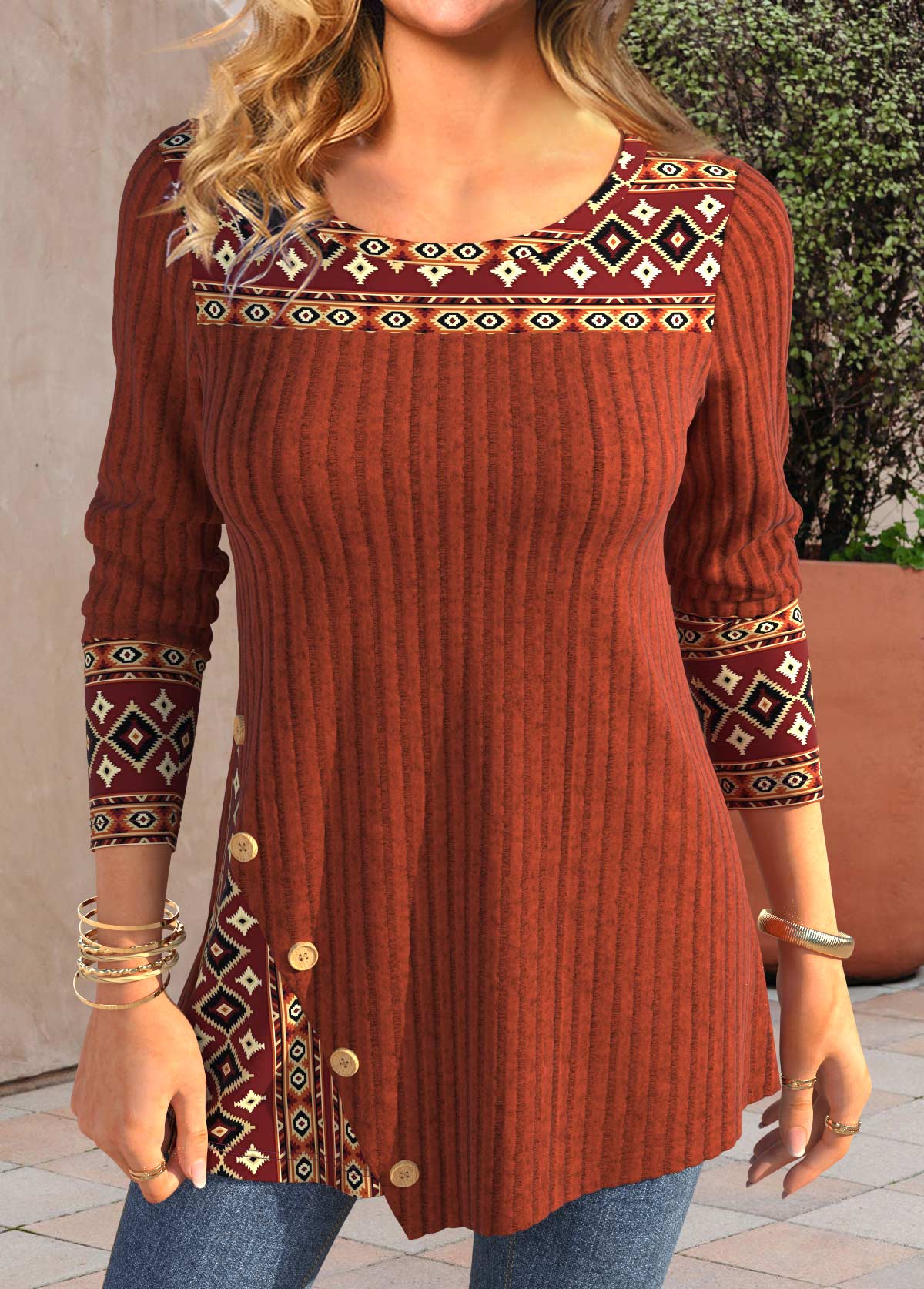 Modlily Brick Red Patchwork Tribal Print Long Sleeve T Shirt - XL