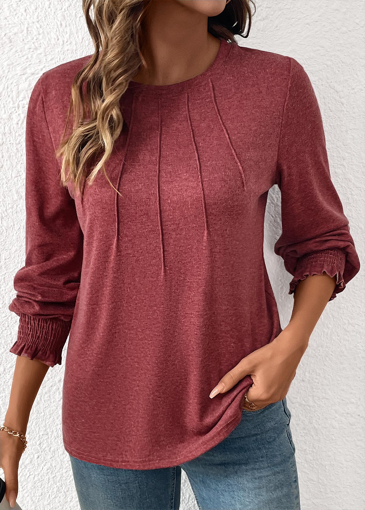 Modlily Brick Red Tuck Stitch Long Sleeve T Shirt - M