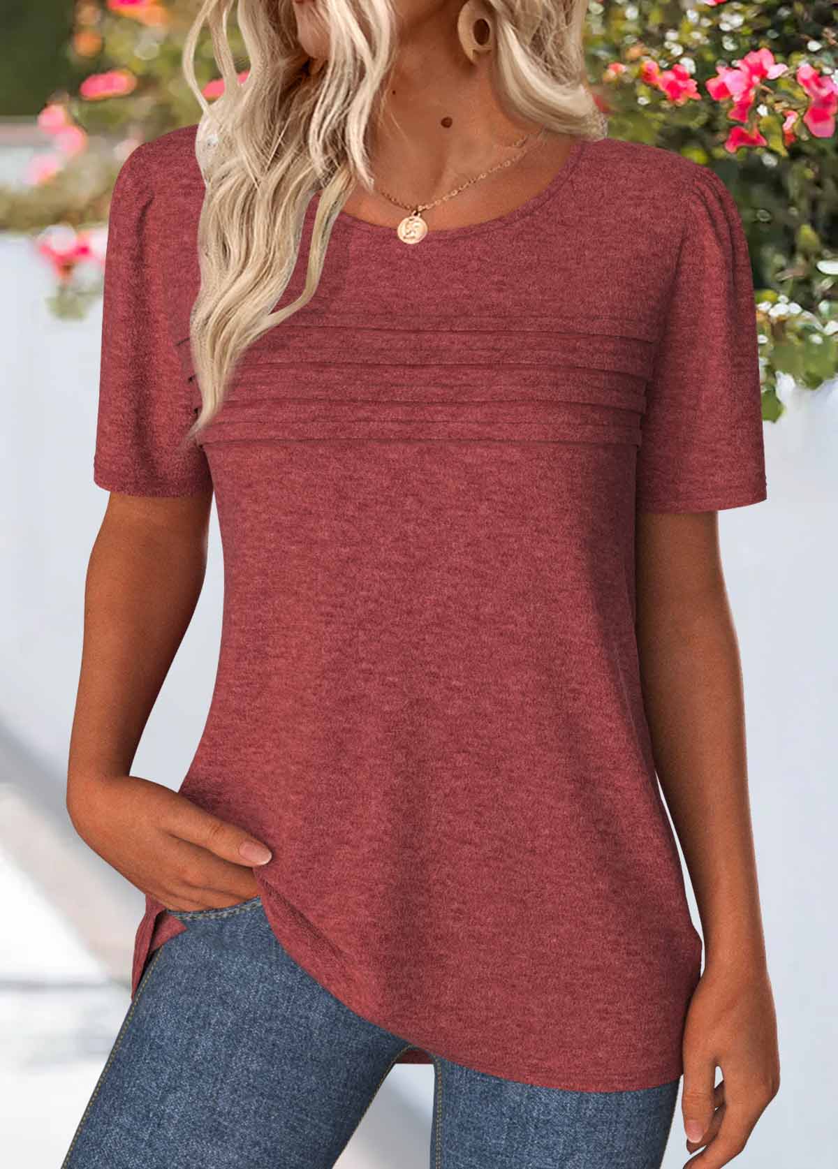 Modlily Brick Red Tuck Stitch Short Sleeve T Shirt - S