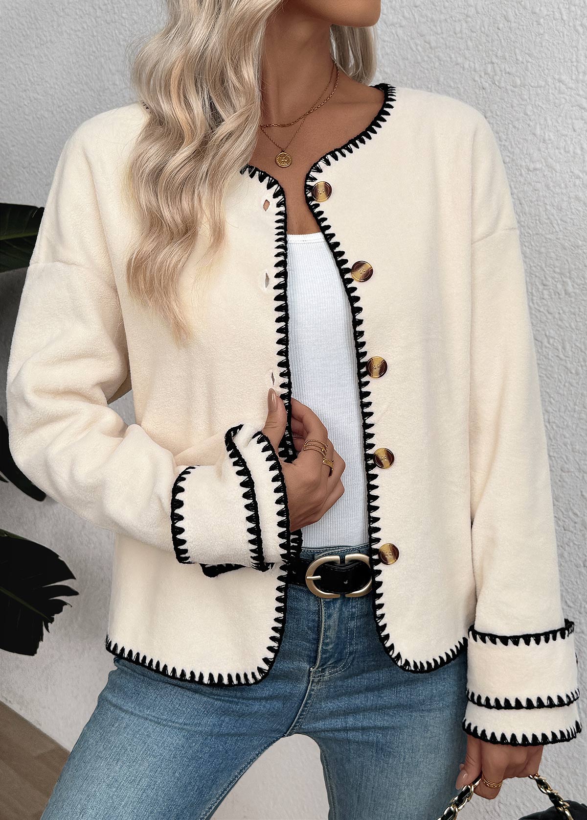 Modlily Button Beige Tummy Coverage Long Sleeve Round Neck Coat - S