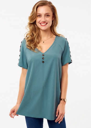 Modlily Button Detail V Neck Short Sleeve Blouse - S