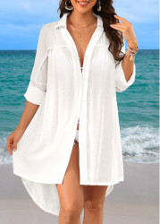 Modlily Button Turn Down Collar White Cover Up - S