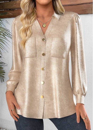 Modlily Champagne Button Long Sleeve Tunic Shirt - M
