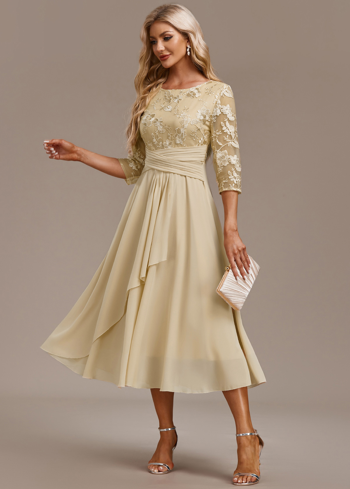 Modlily Champagne Embroidery Cocktail Dress 3/4 Sleeve Round Neck Dress Wedding Guest Dress - S